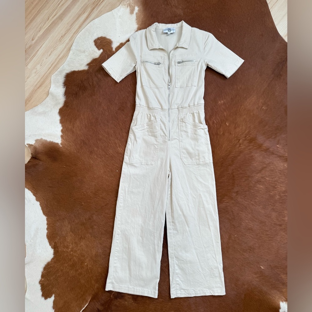 Hunter Brown Cream Short Sleeve Zip Up Jumpsuit